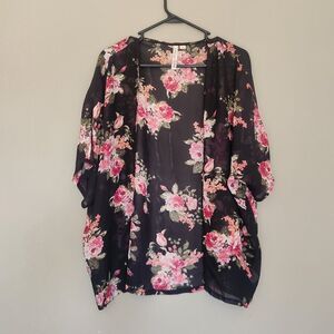 California Gypsy Boho Sheer Black & Floral Open Front Kimono, Large
